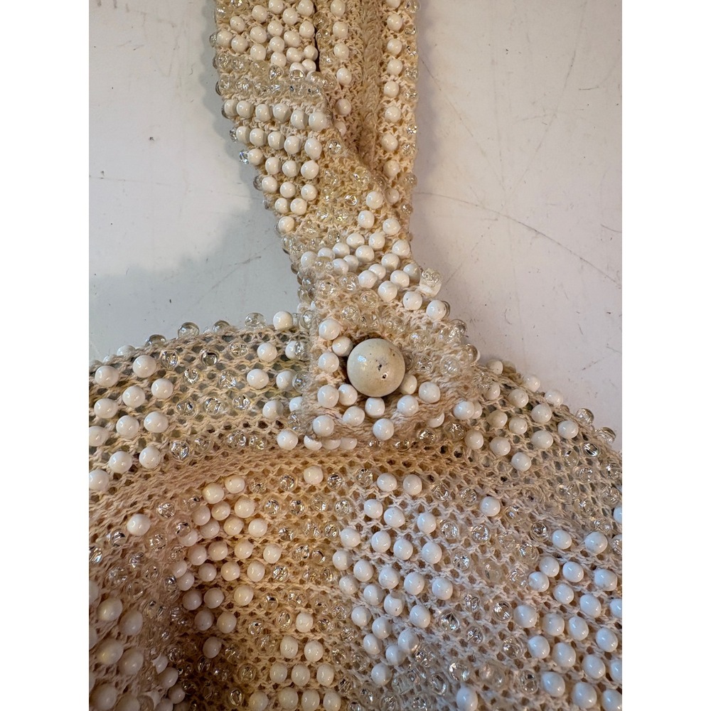 Vintage Beaded Wristlet Clutch Cream White Diamond Pattern Evening Bag 5.5" - Picture 6 of 8